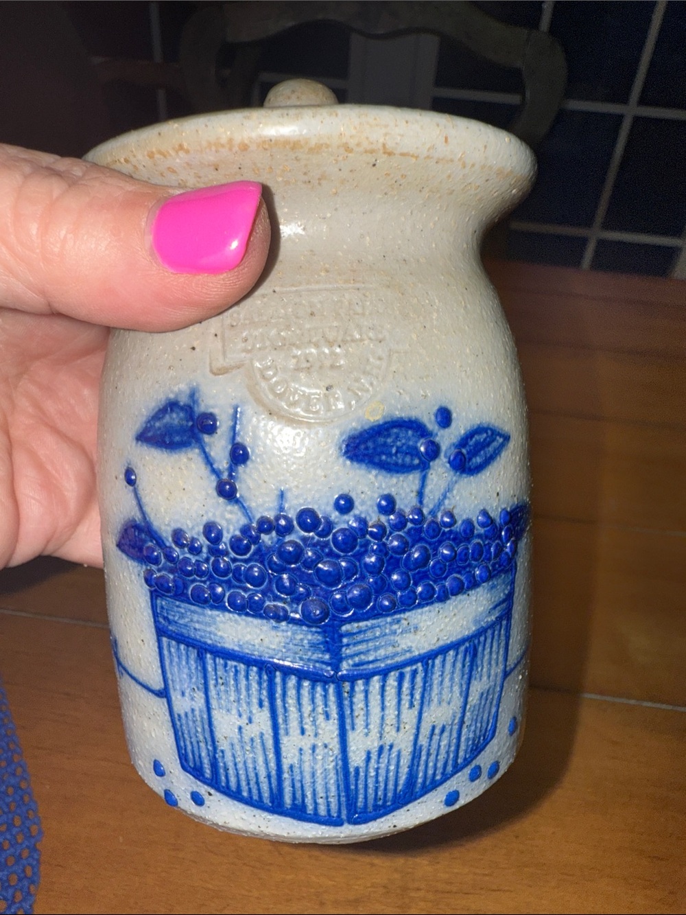 Stoneware Salmon Falls Salt Glazed Pottery Jar w/ Lid Blueberry 1992 Vintage